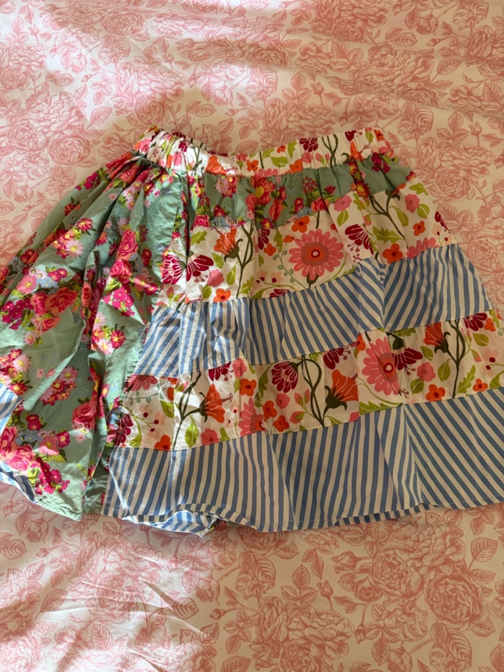 Matilda Jane Floral & Stripe Tiered Patchwork Skirt - Green, Blue, Pink